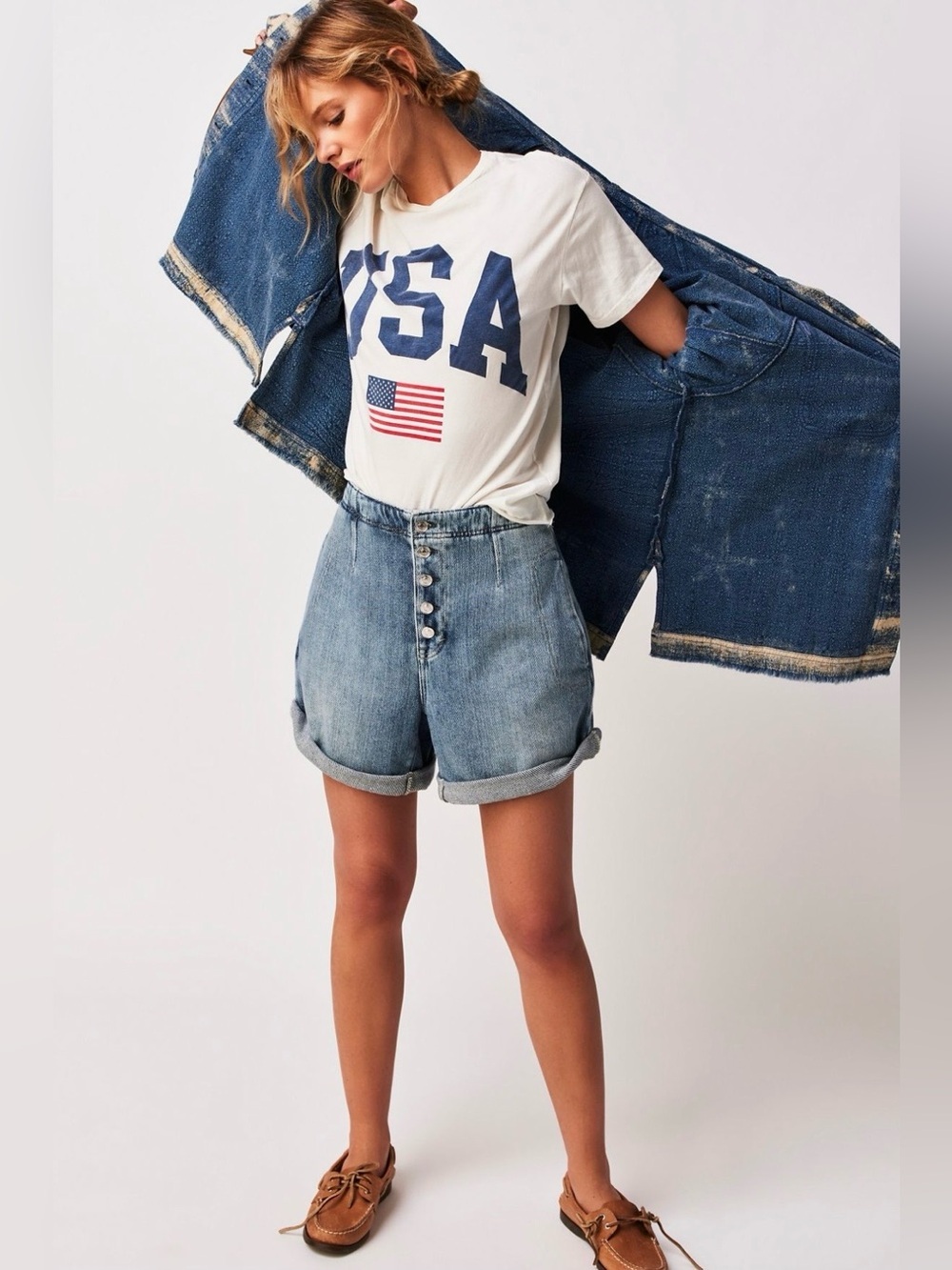 We The Free Osaka Relaxed Shorts Button-Fly Cuffed Soft Denim Jean Blue